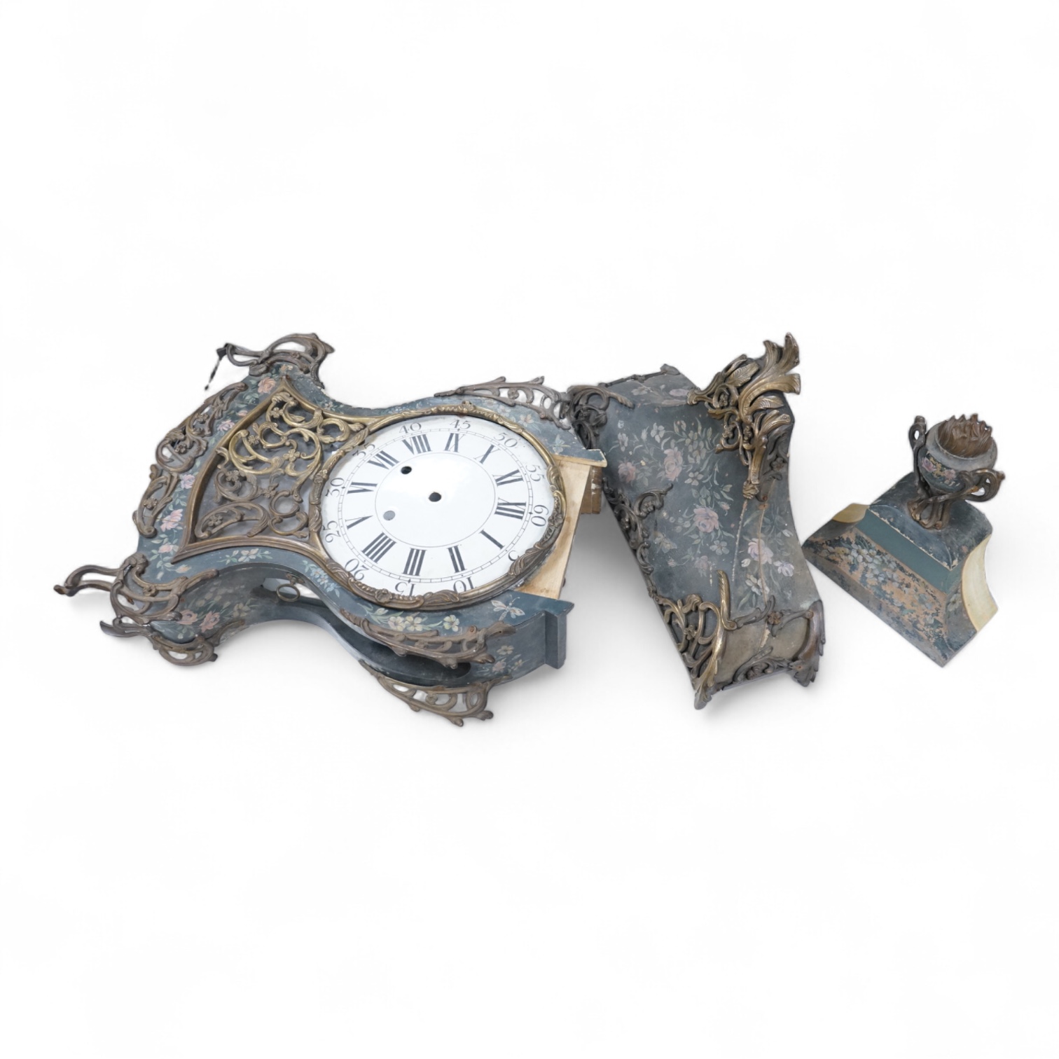 A Louis XV style gilt metal mounted Vernis Martin bracket clock case and bracket, lacking movement, 77cm high